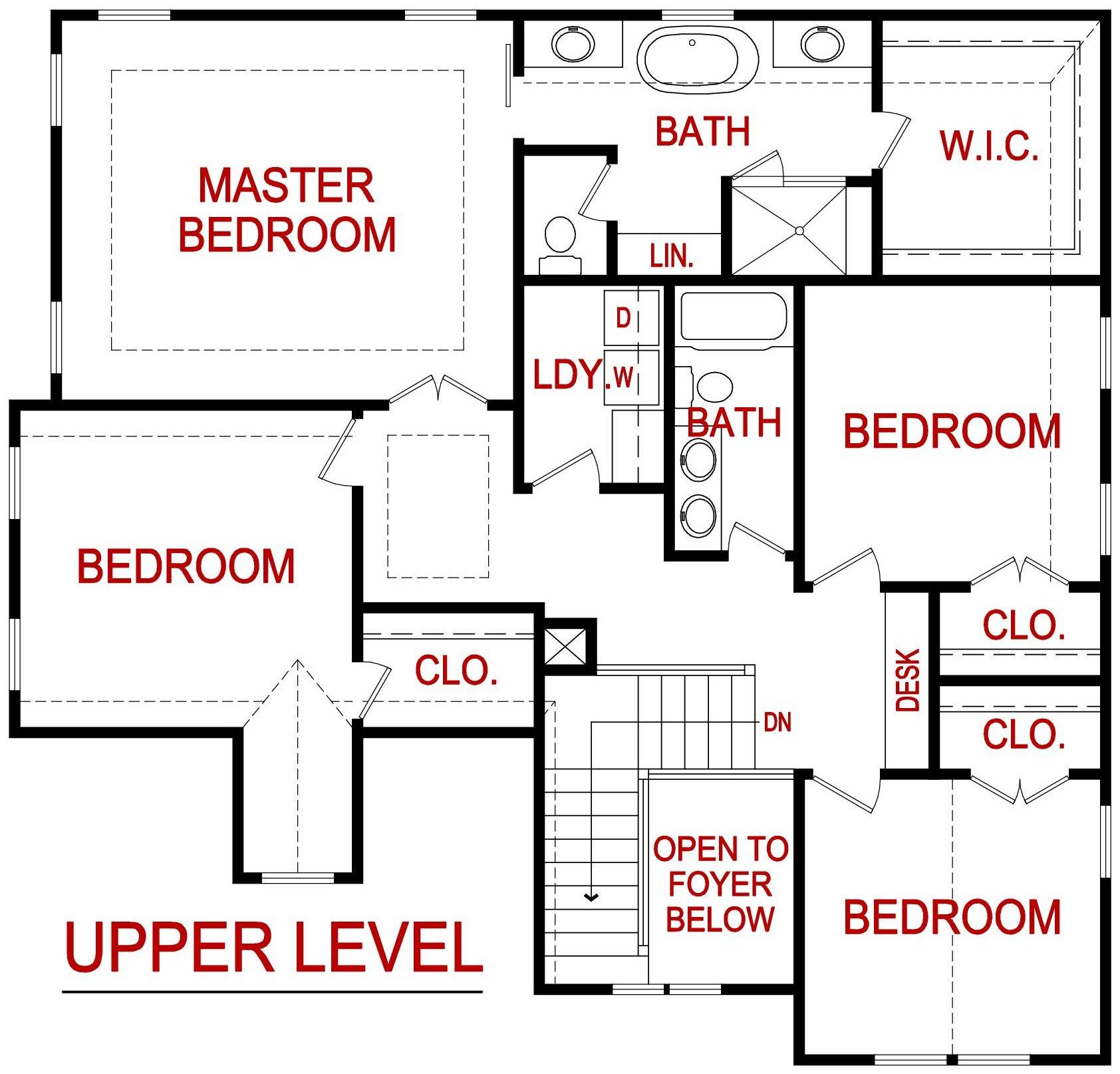 Upper level floor plan for the clover model from lambie custom homes