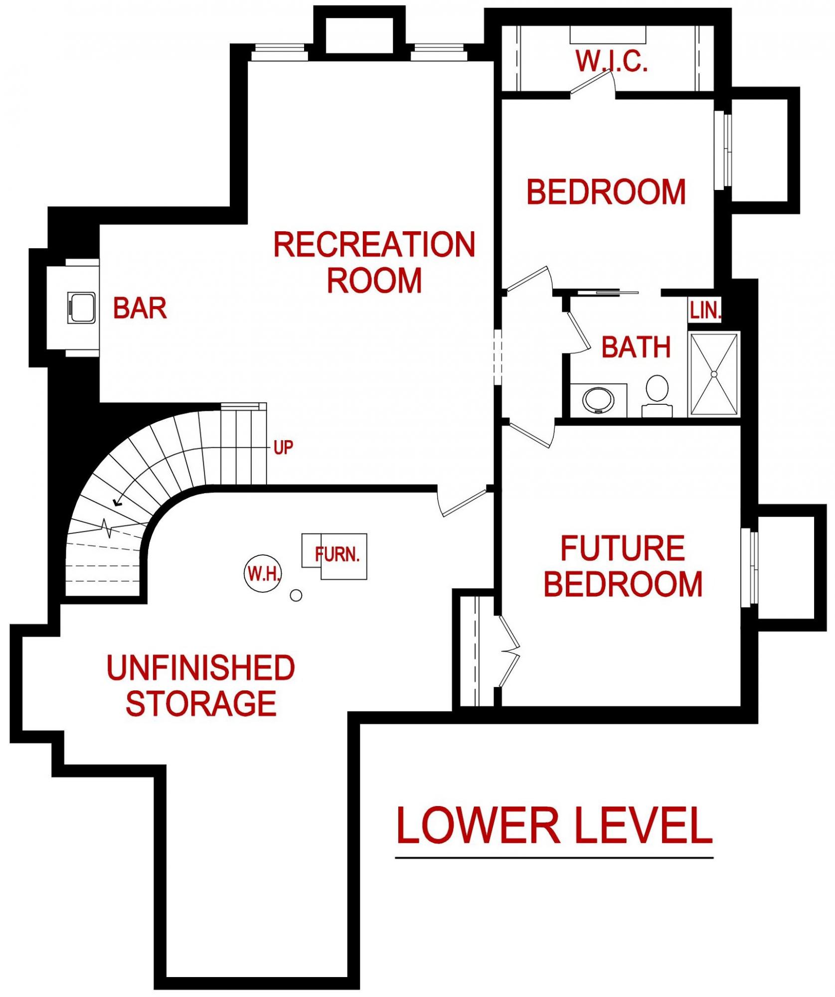 Lower level floor plan of a Cottonwood model from Lambie custom Homes