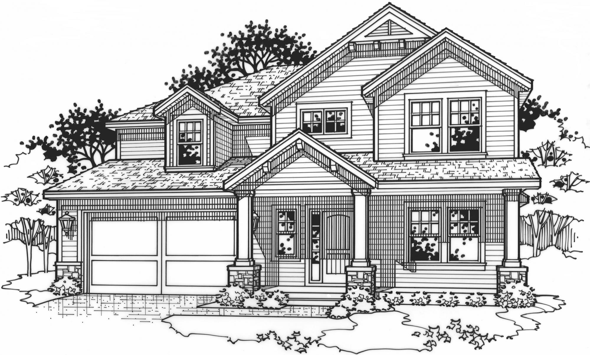 black and white rendering of a clover model from Lambie custom homes