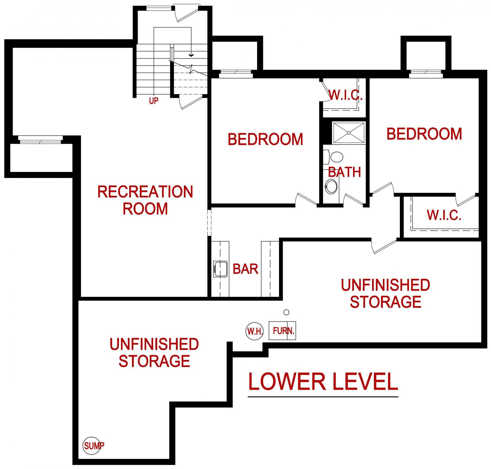 Lower level floor plan of a norway model from Lambie custom Homes