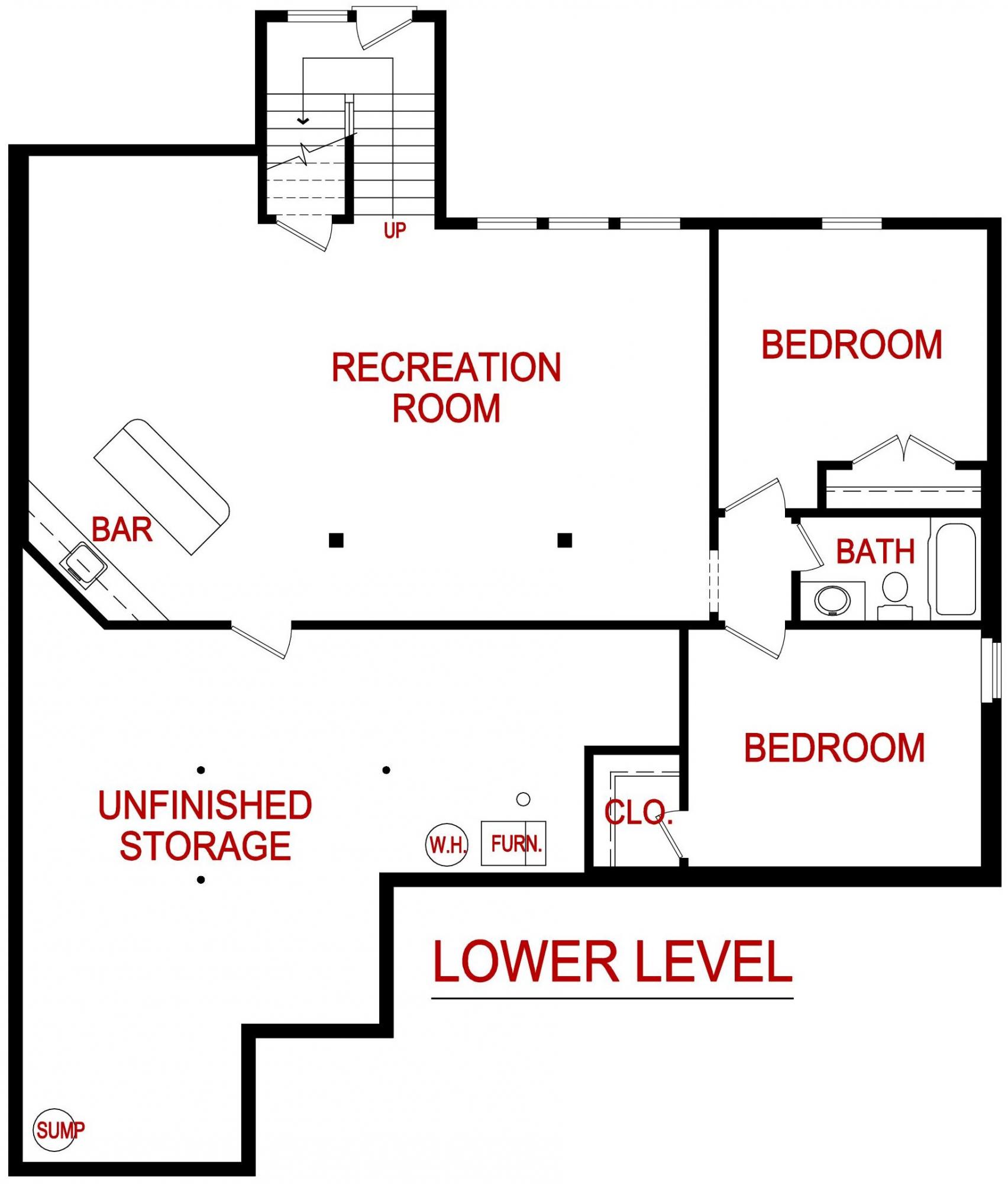 Lower level floor plan of a Hawthorn model from Lambie custom Homes