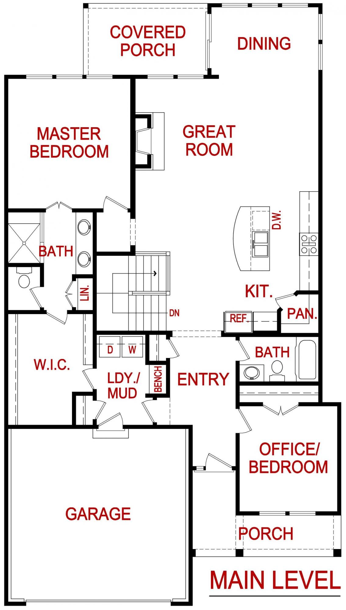 Main level Floor plan of a Berkley model from lambie custom homes