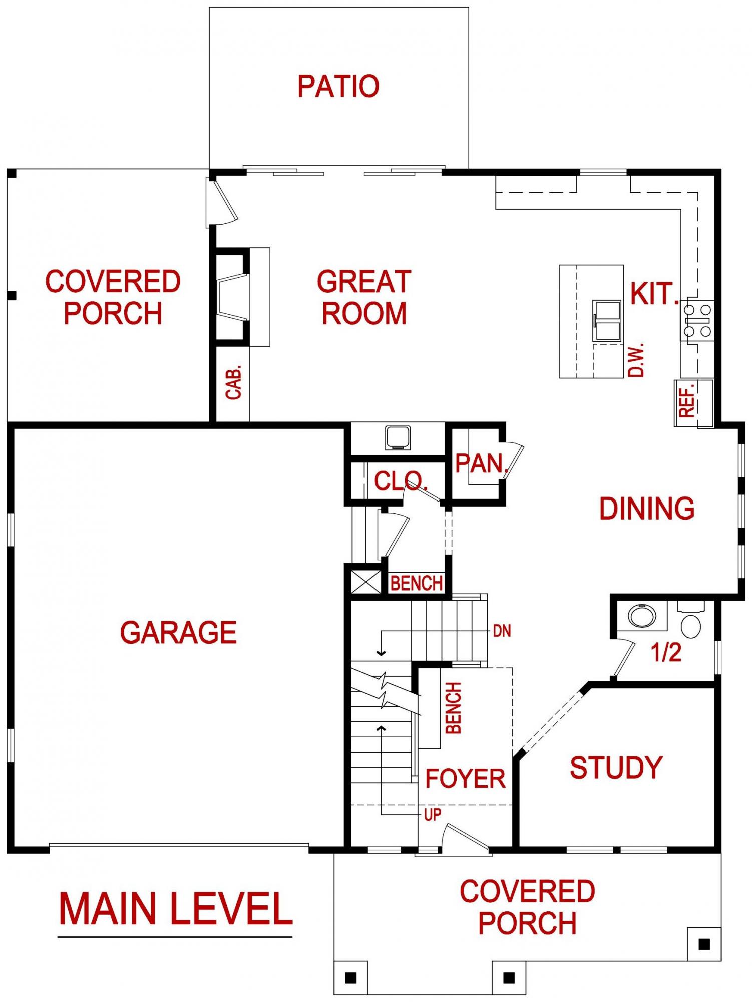 main level floor plan for the clover model from lambie custom homes