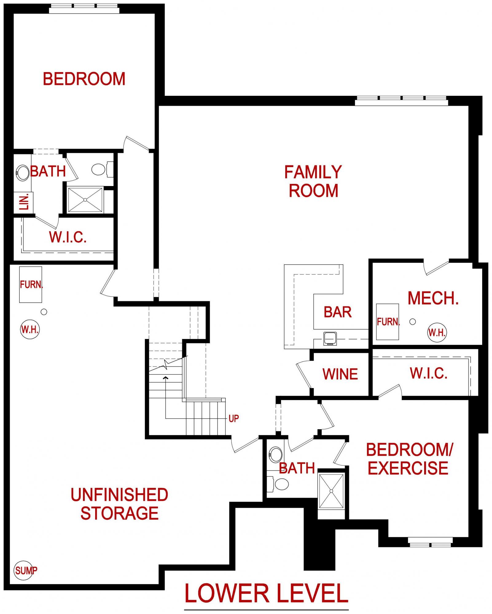 Lower level floor plan of a Peachtree model from Lambie Custom Homes