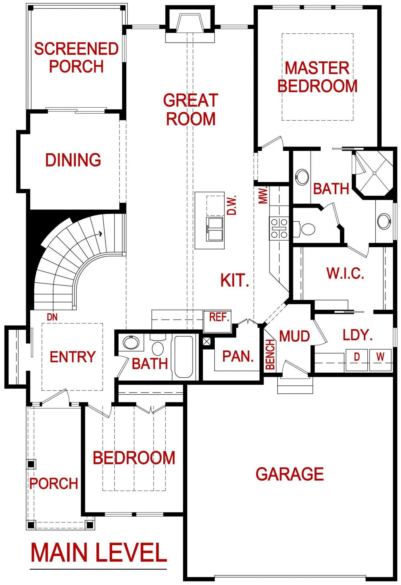 Main level floor plan of a Cottonwood model from Lambie custom Homes