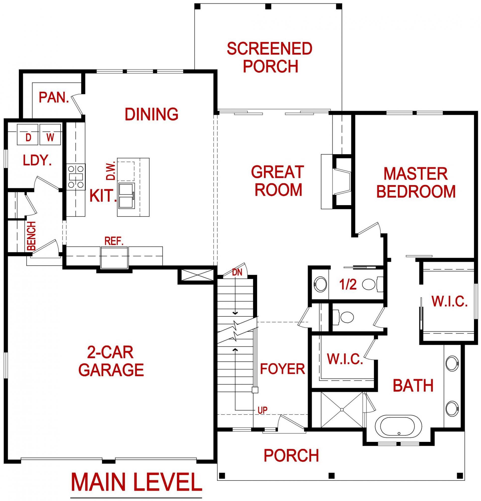 Main level floor plan for the Persimmon model from Lambie Custom Homes