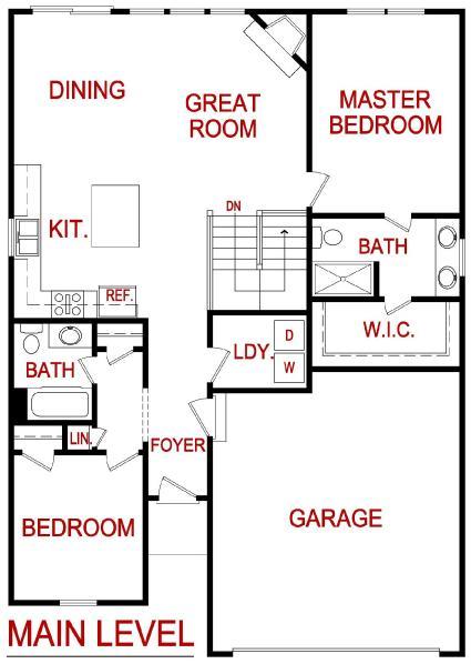 Main level floor plan of the pine model from lambie homes