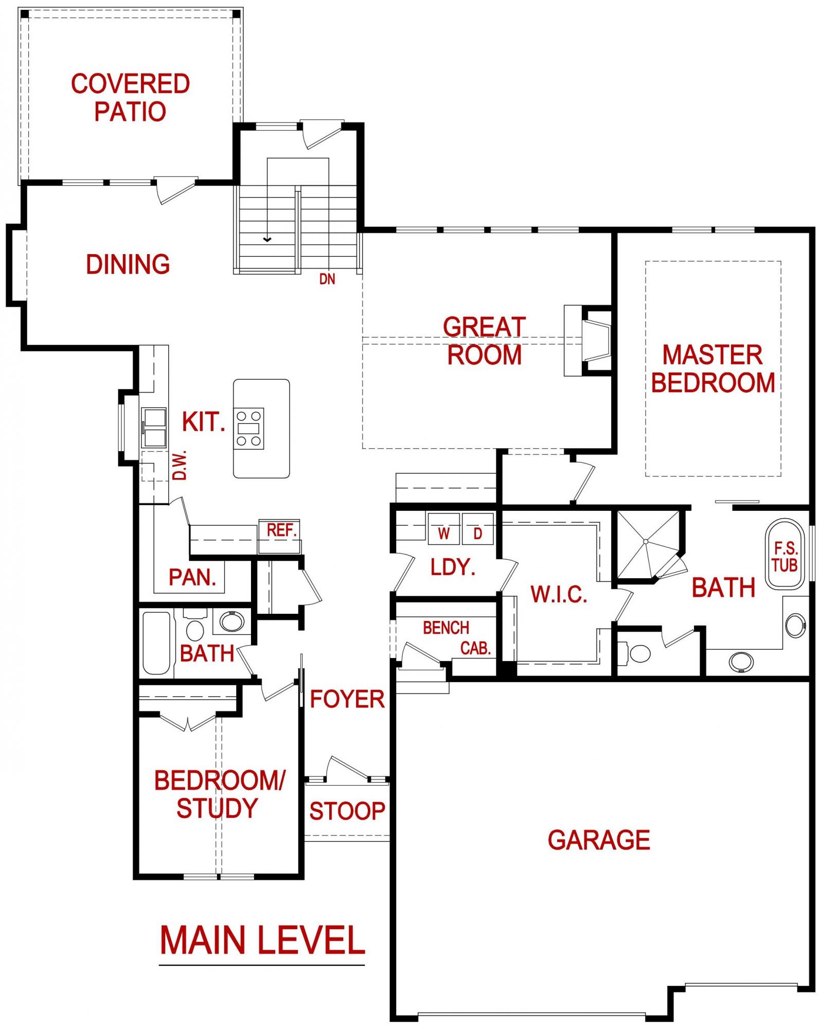Main level floor plan of a norway model from Lambie custom Homes