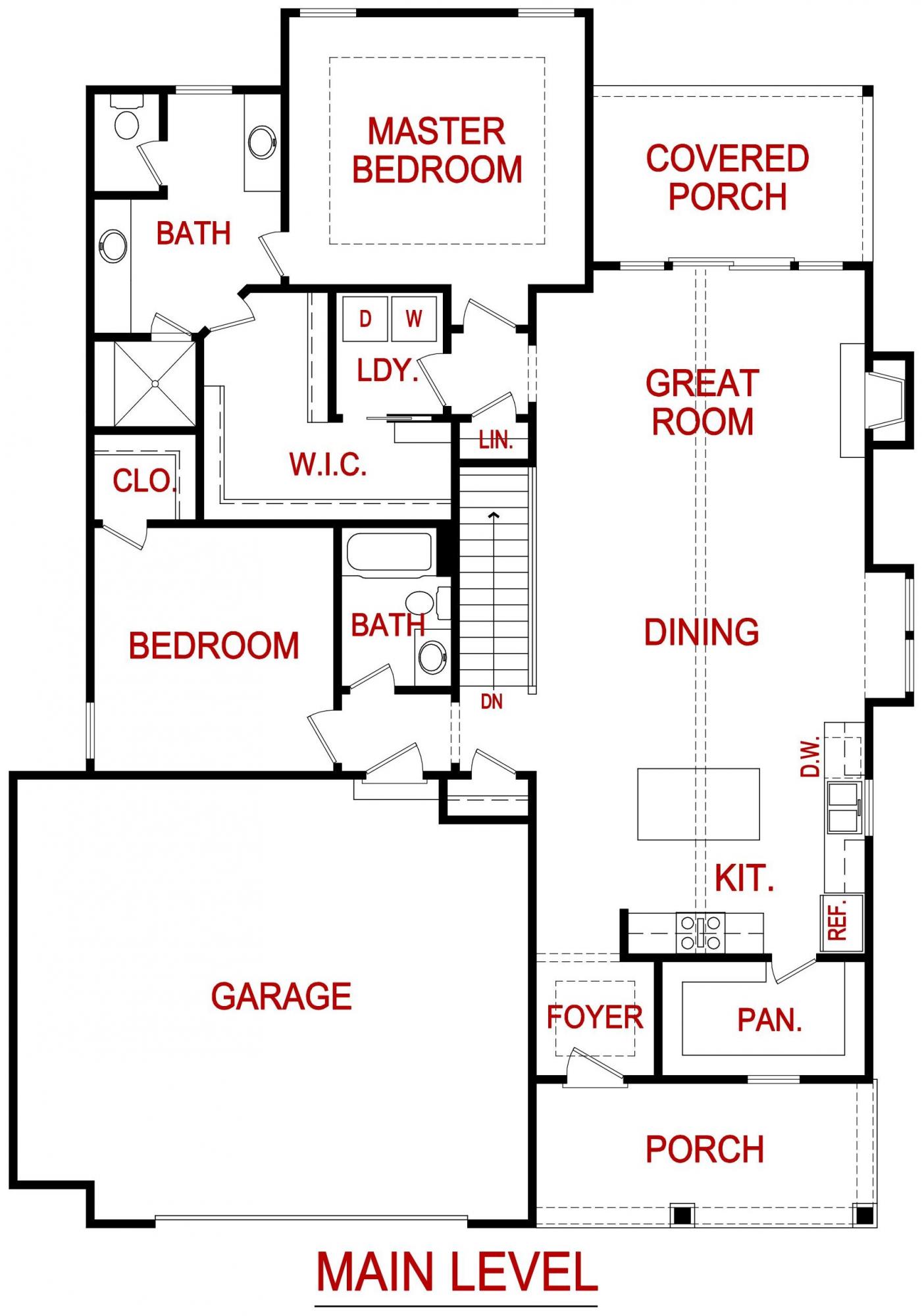 Main level floor plan of a Holly model from Lambie custom Homes