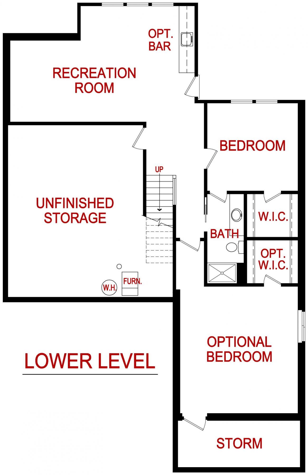 Lower level floor plan of a Holly model from Lambie custom Homes