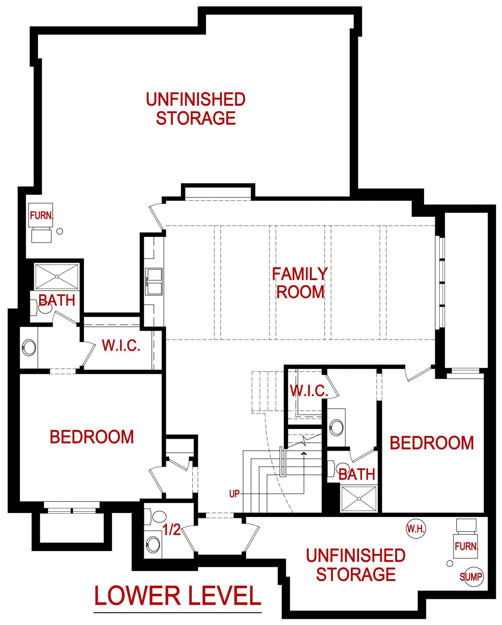 Lower level floor plan of an Oakmont model from Lambie Custom Homes
