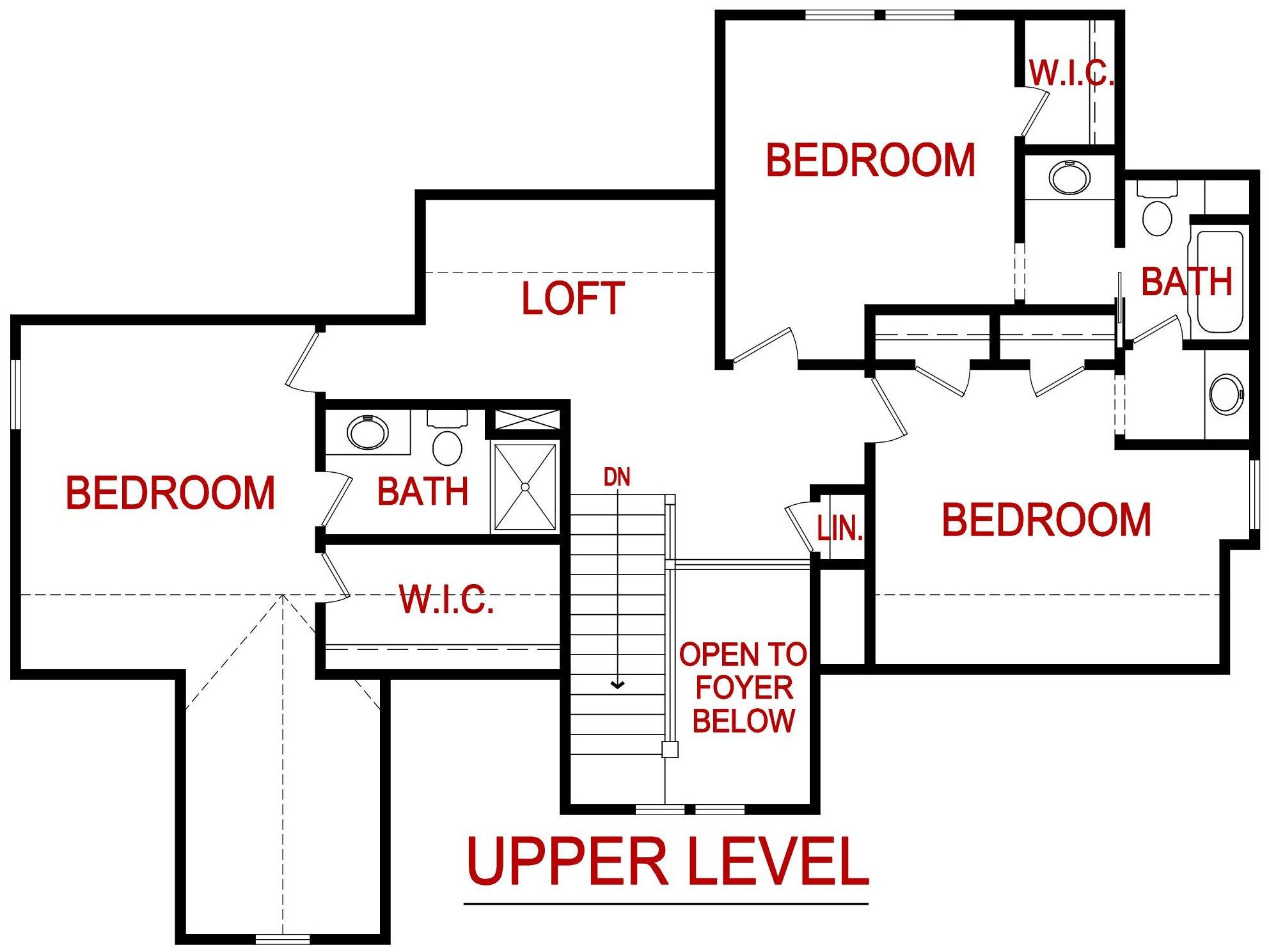 Upper level floor plan for the Persimmon model from Lambie Custom Homes