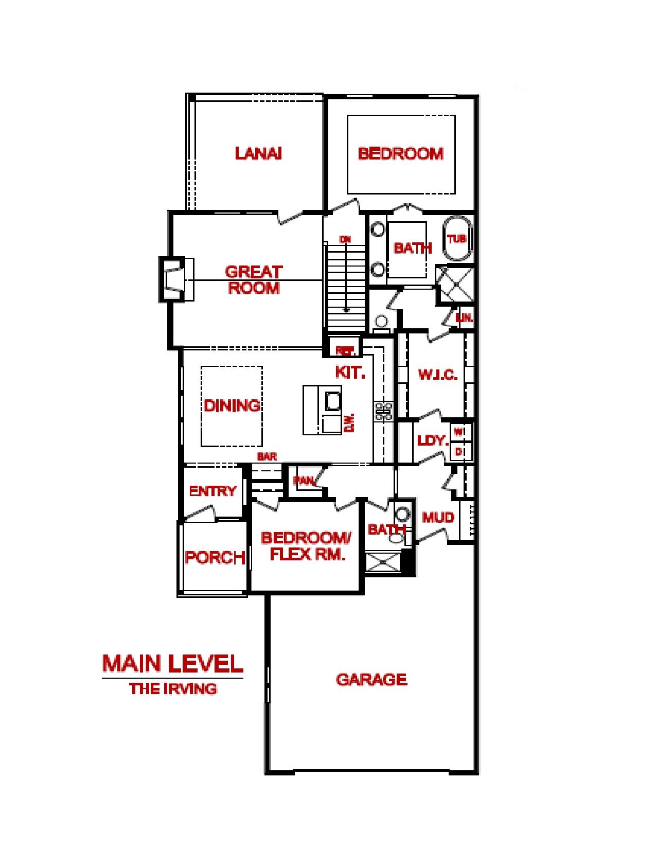 Main level floor plan of an irving model from Lambie custom homes