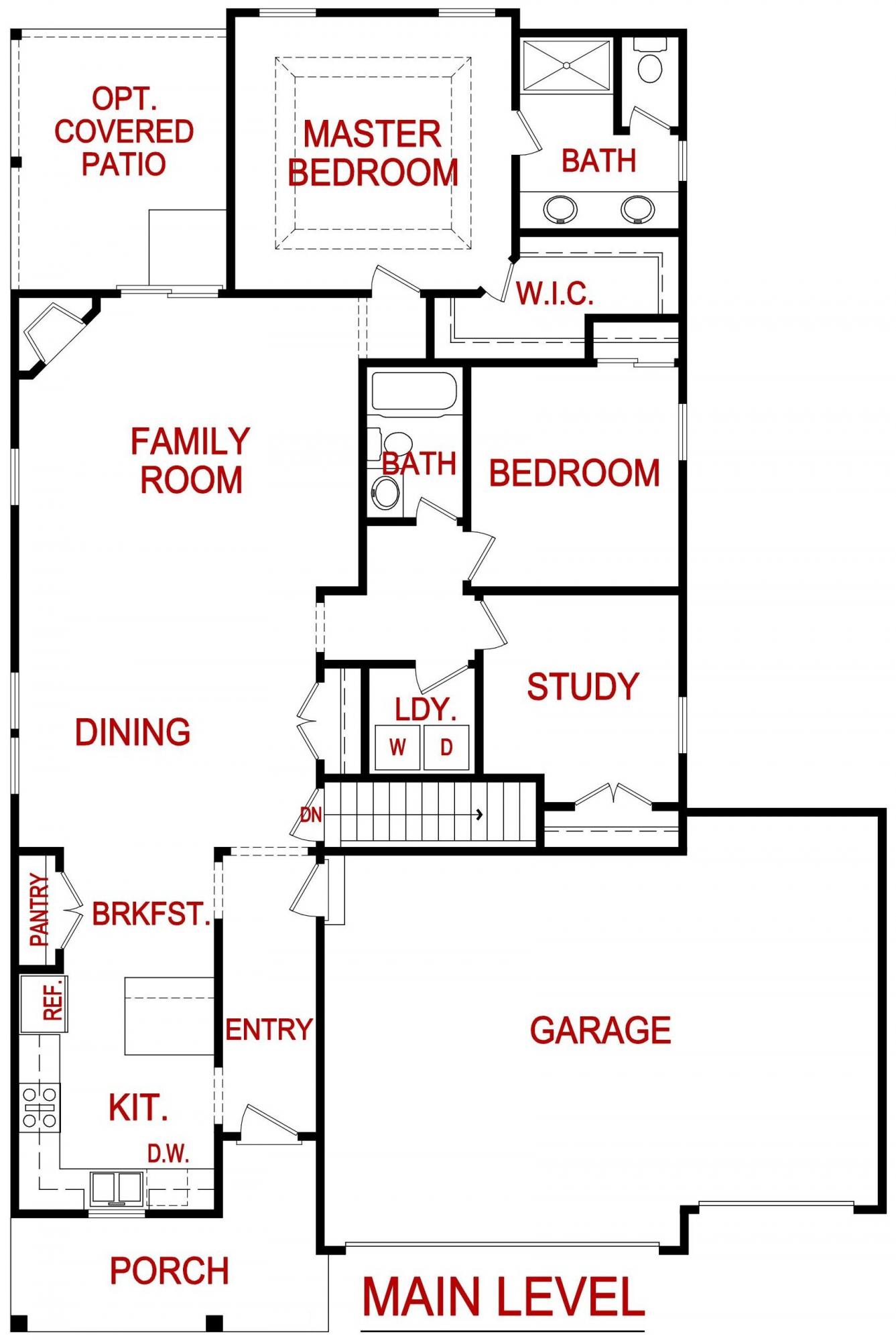 Main level Floor plan of a Bradford model from lambie custom homes