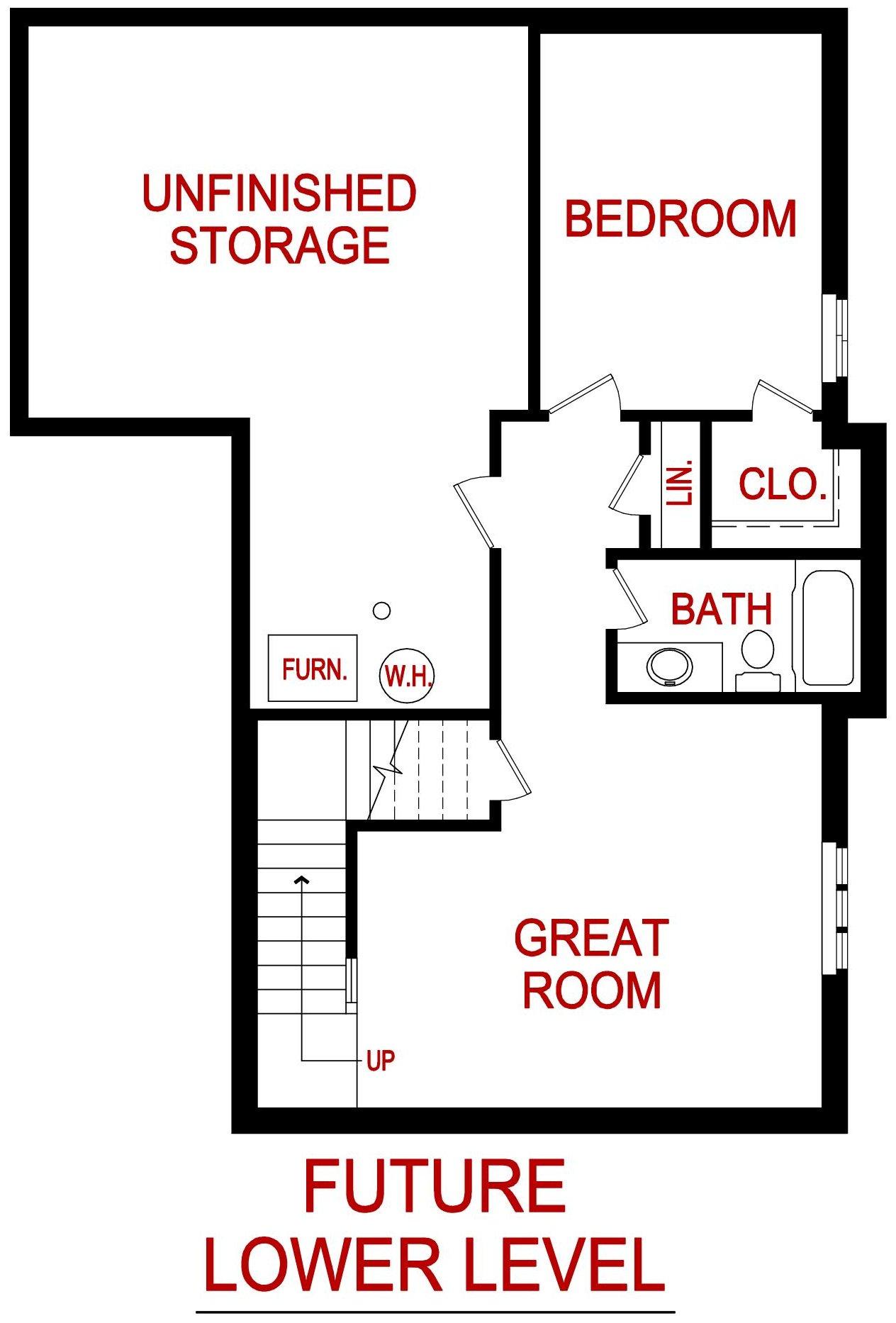 Lower level floor plan for the clover model from lambie custom homes