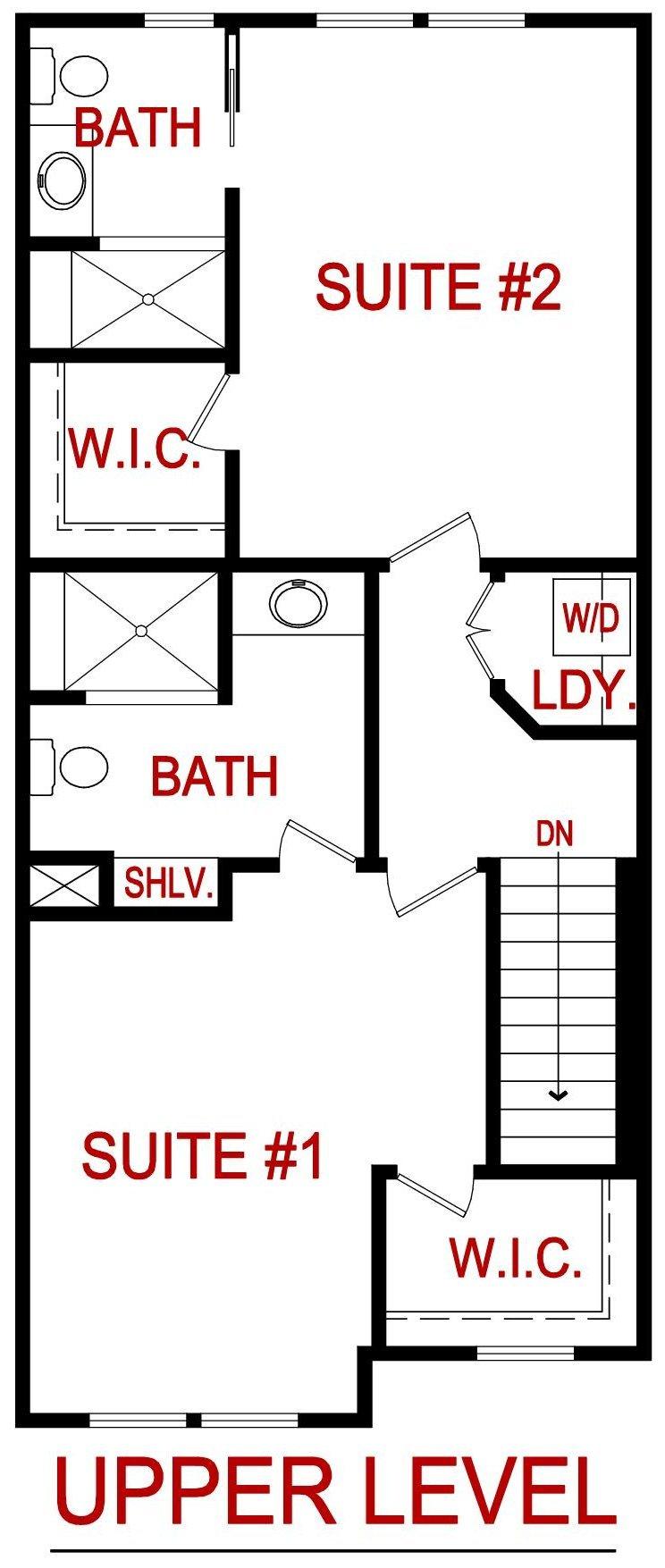 Upper level floor plan of a Hartley model from Lambie custom homes