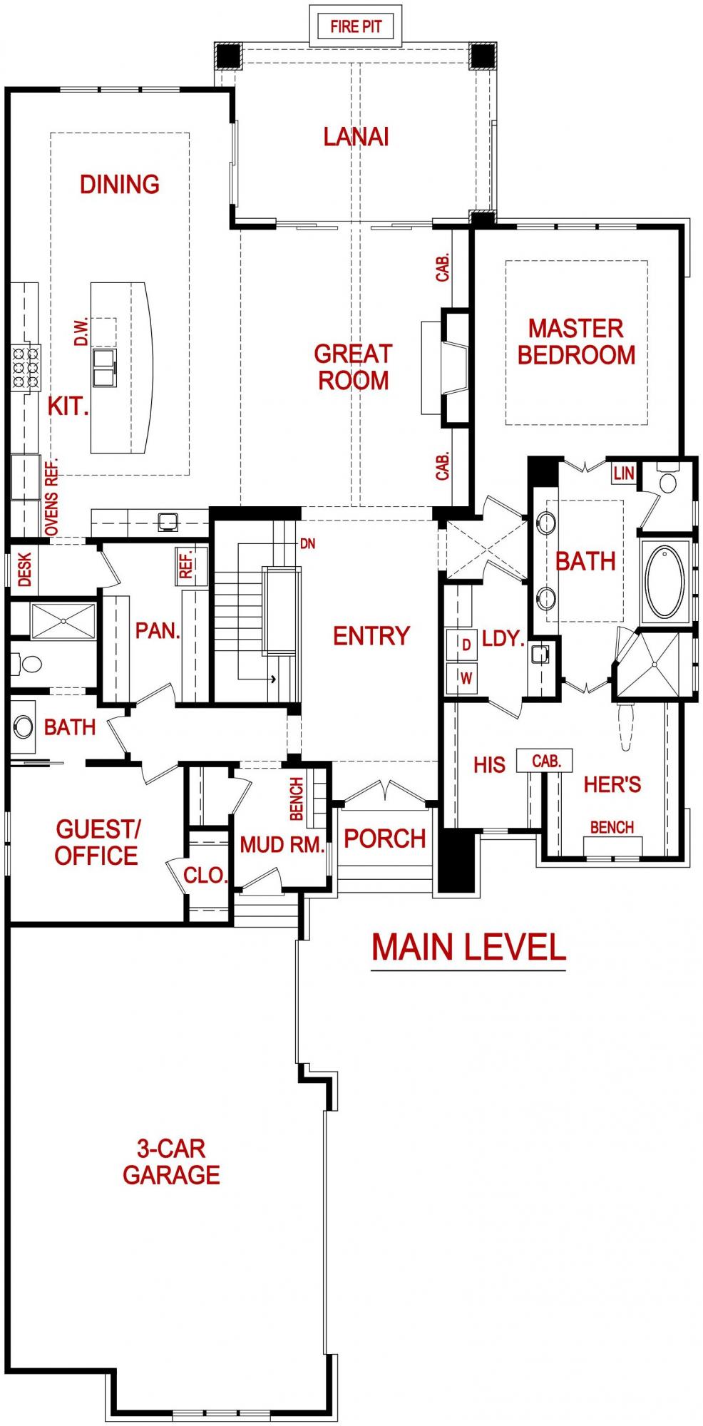 Main level floor plan of a Peachtree model from Lambie Custom Homes