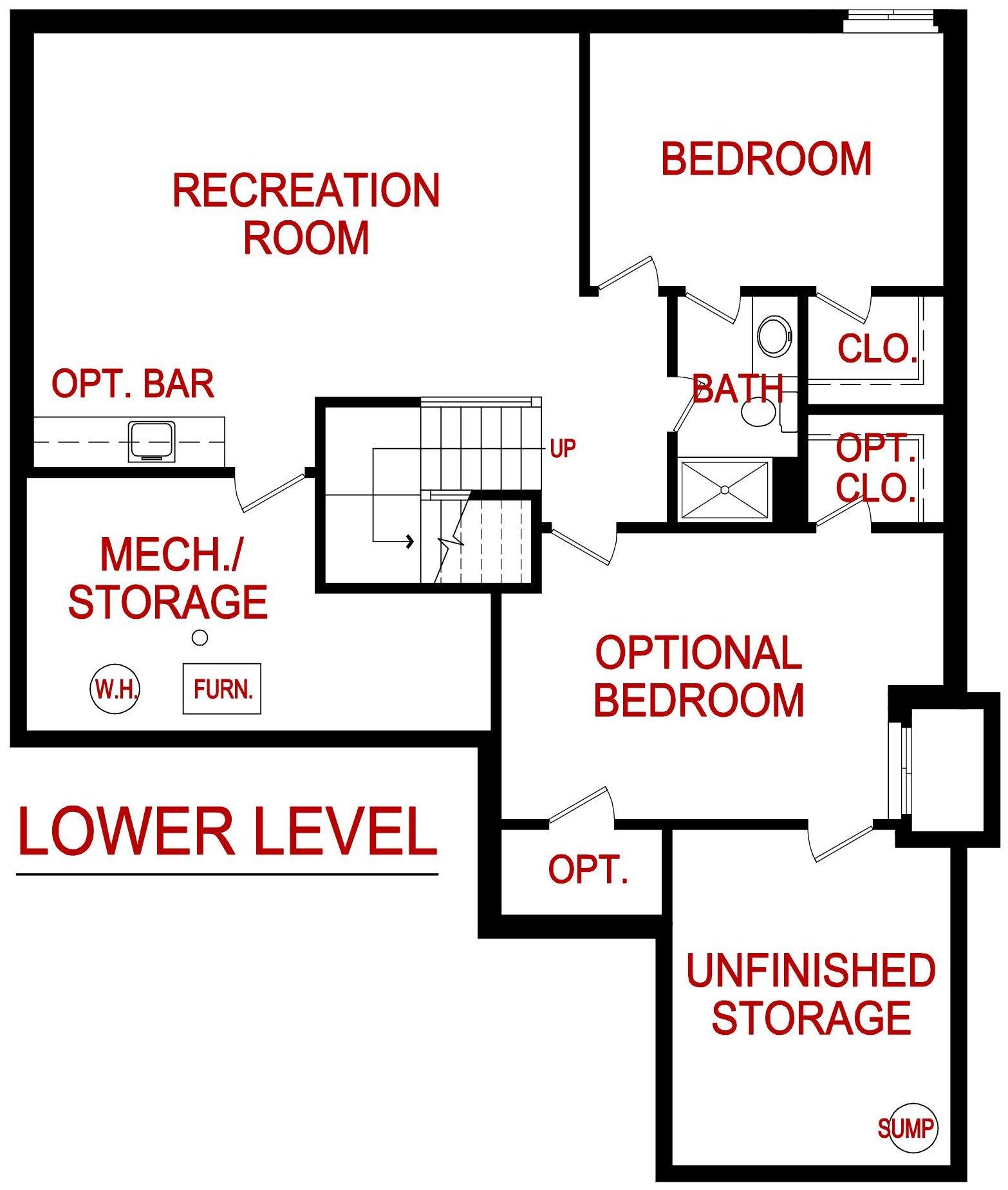 Lower level floor plan of the Estes model from Lambie Custom Homes