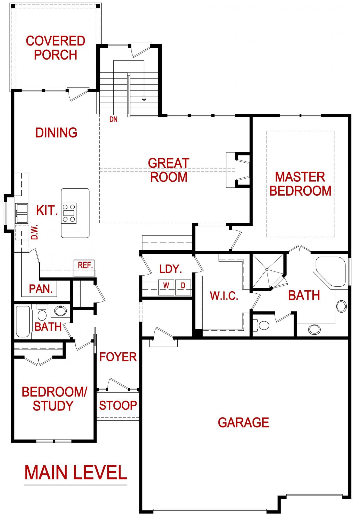 Main level floor plan of a Hawthorn model from Lambie custom Homes