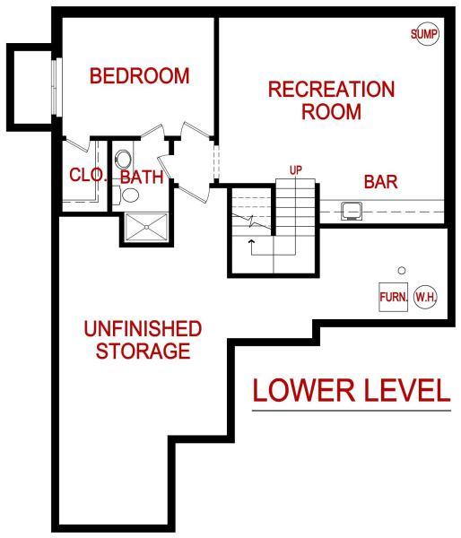 Lower level floor plan of a pine model from lambie homes