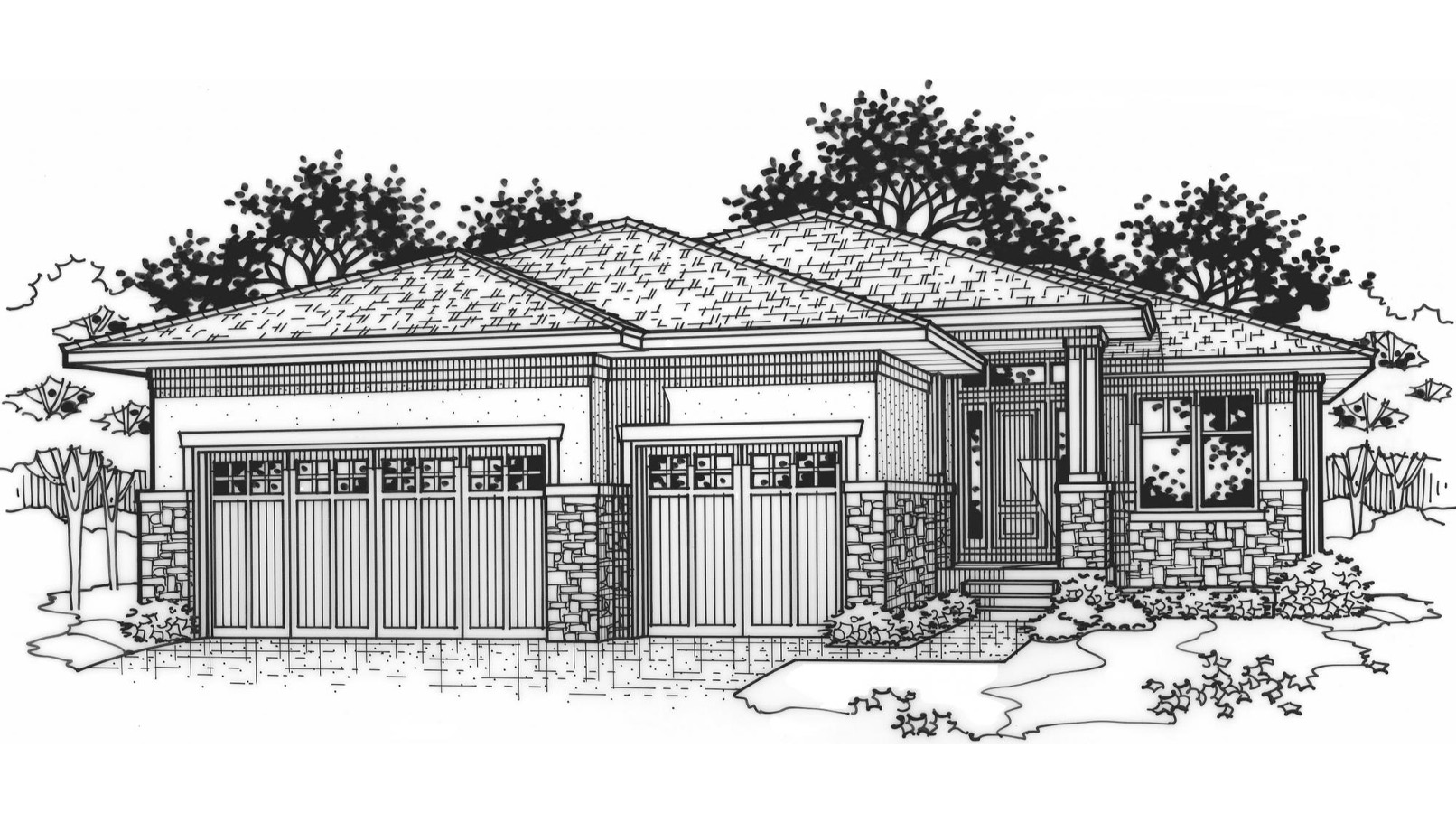 Black and white front elevation of the Augusta model from Lambie Homes