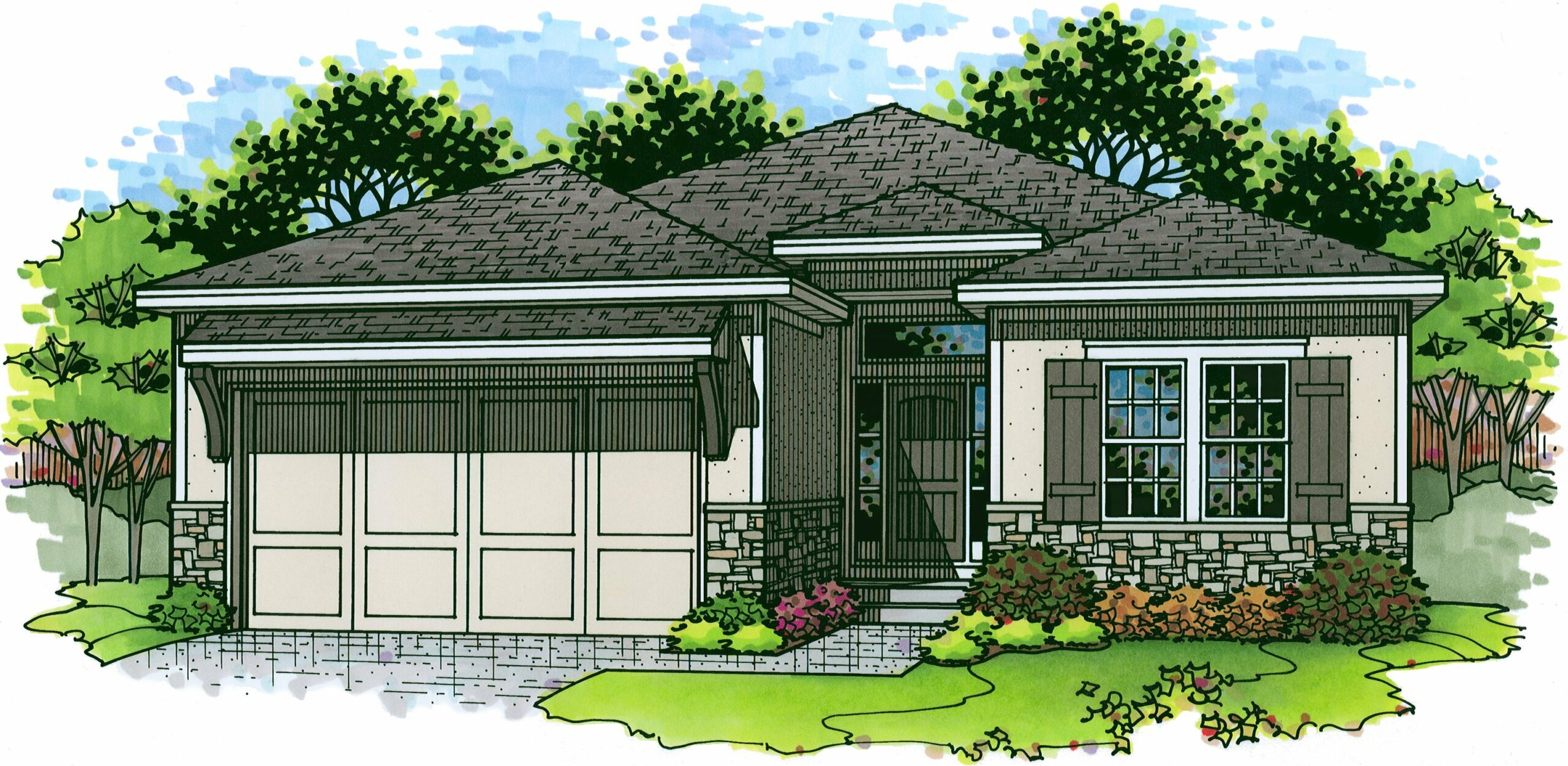 Rendering of the front elevation of the Estes model from Lambie Homes