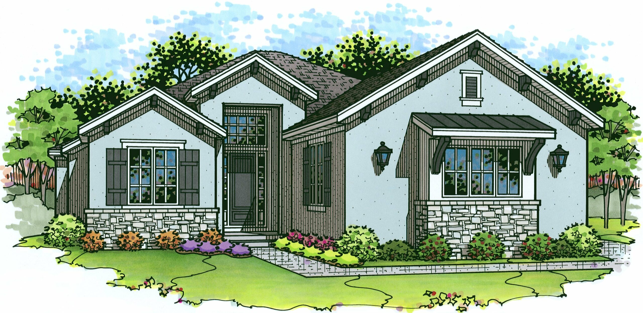 Rendering of the front elevation of the Norway model from Lambie Homes