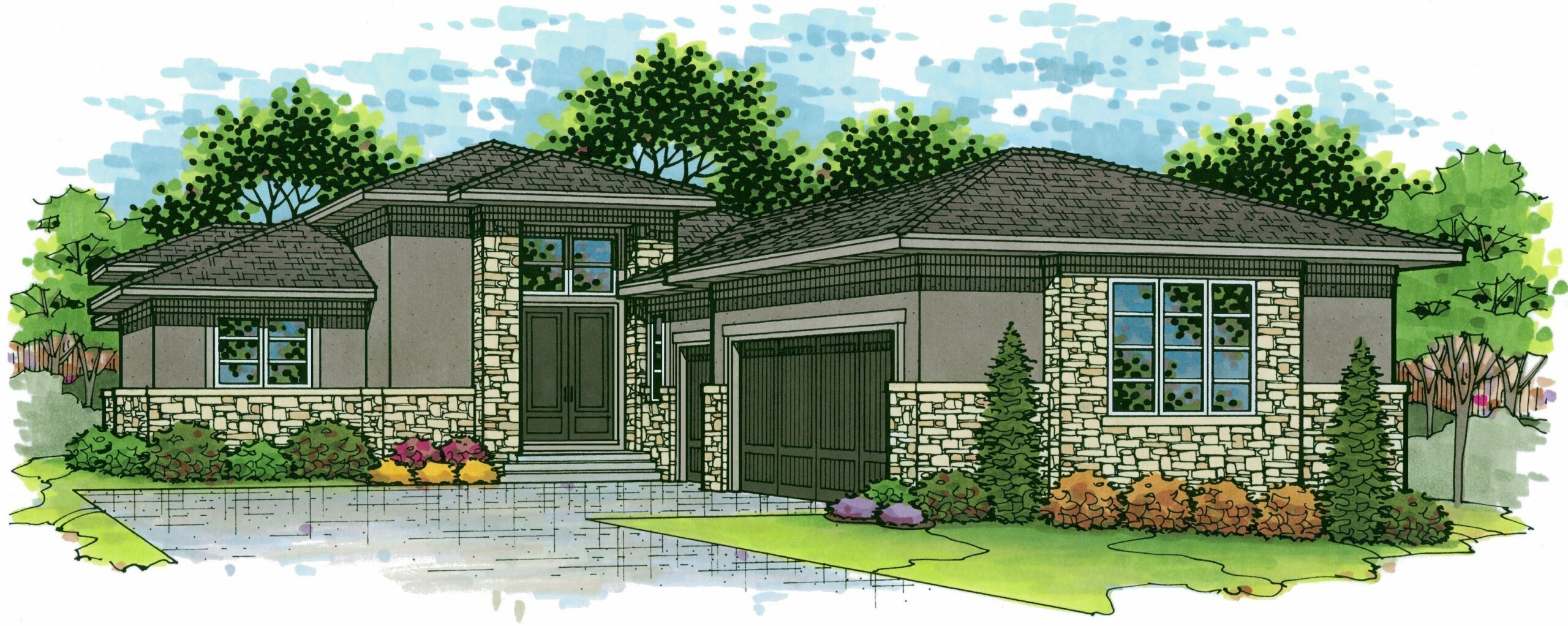 Rendering of the front elevation of the Oakmont model from Lambie Homes