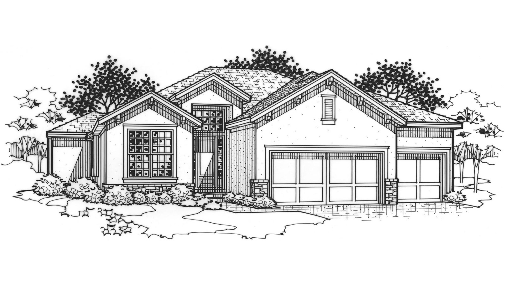 Black and white front elevation of the Norway model from Lambie Homes
