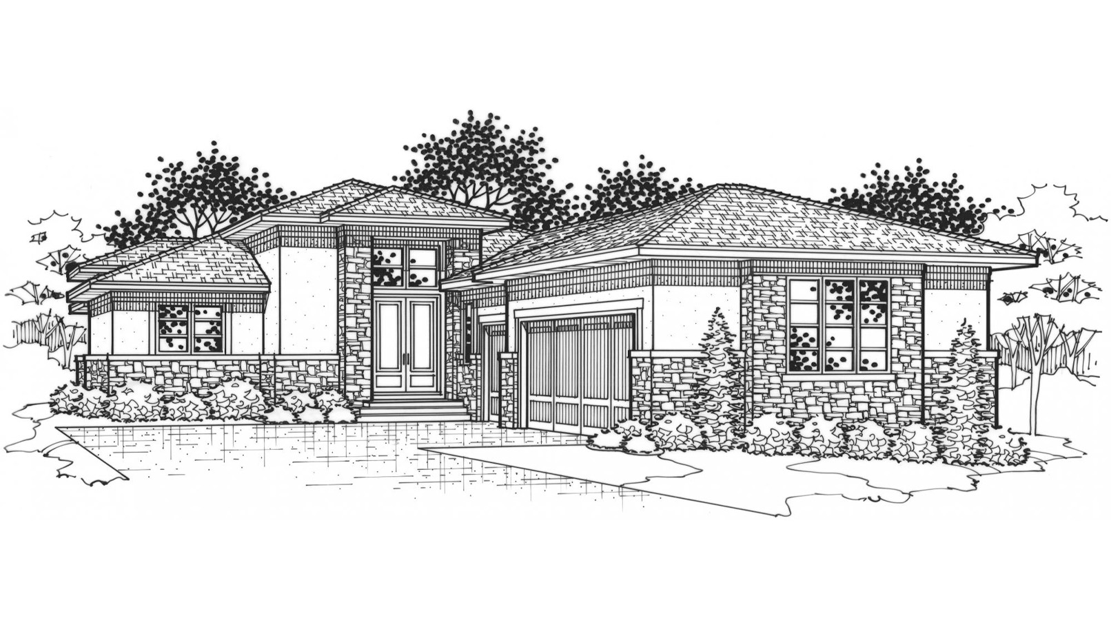 Black and white front elevation of the Oakmont model from Lambie Homes