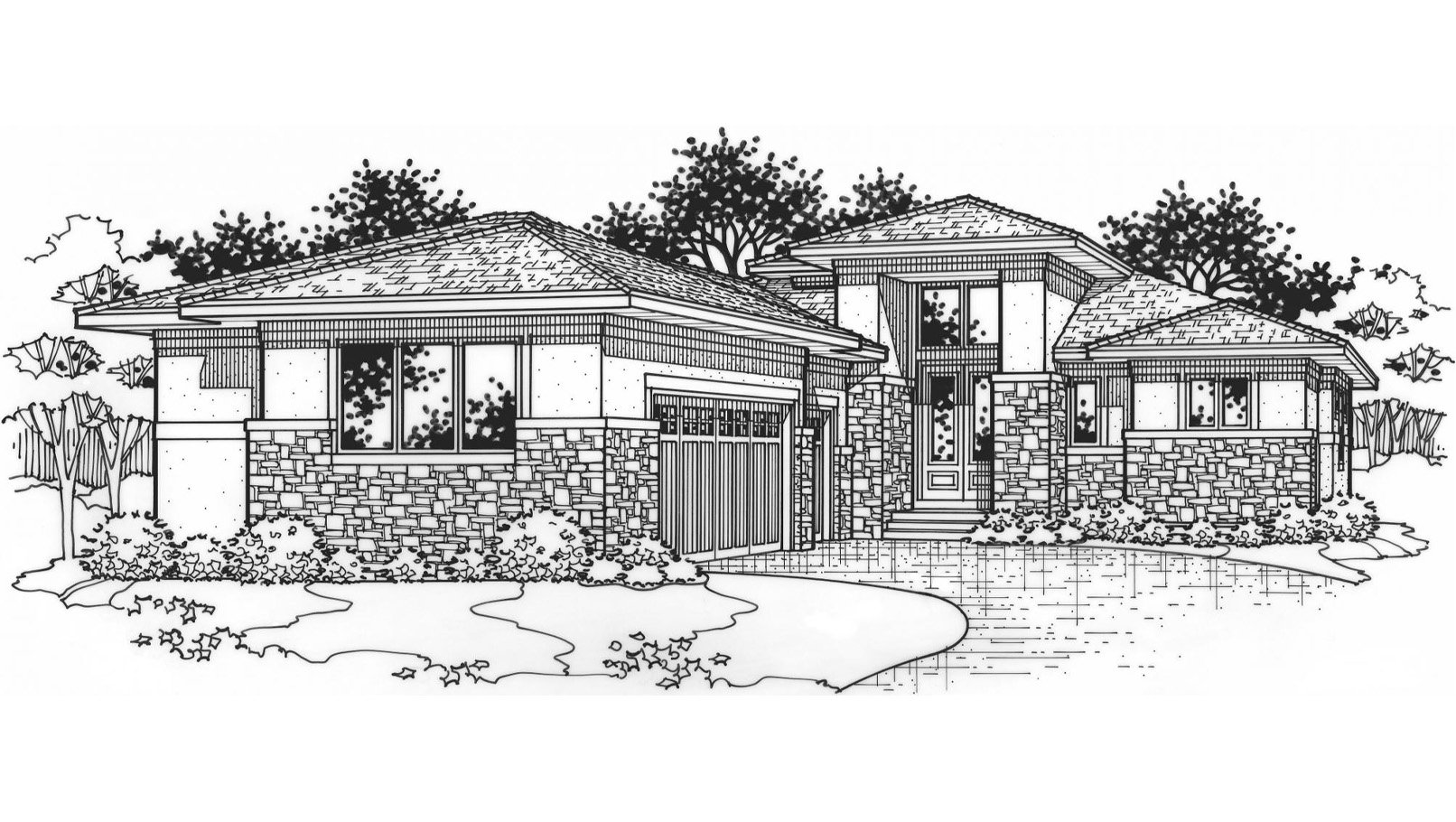 Black and white front elevation of the Peachtree model from Lambie Homes