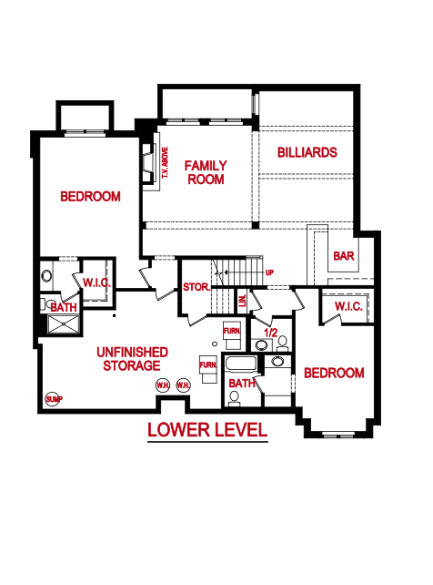 Lower Level floor plan of an Augusta Model from Lambie Custom Homes