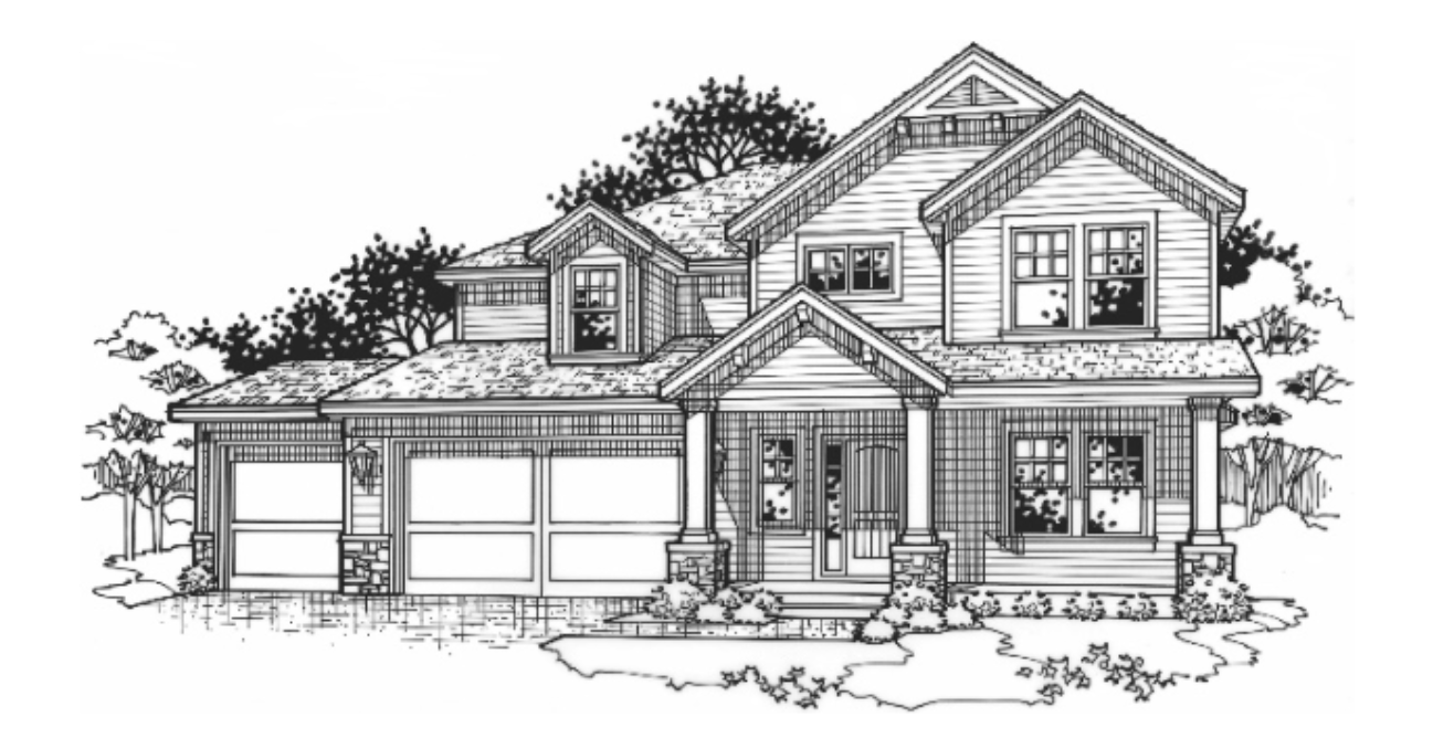 black and white rendering of a prairie village Clover model from Lambie custom homes