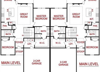 Main level floor plan for 9538 Shady Bend Rd from Lambie Homes