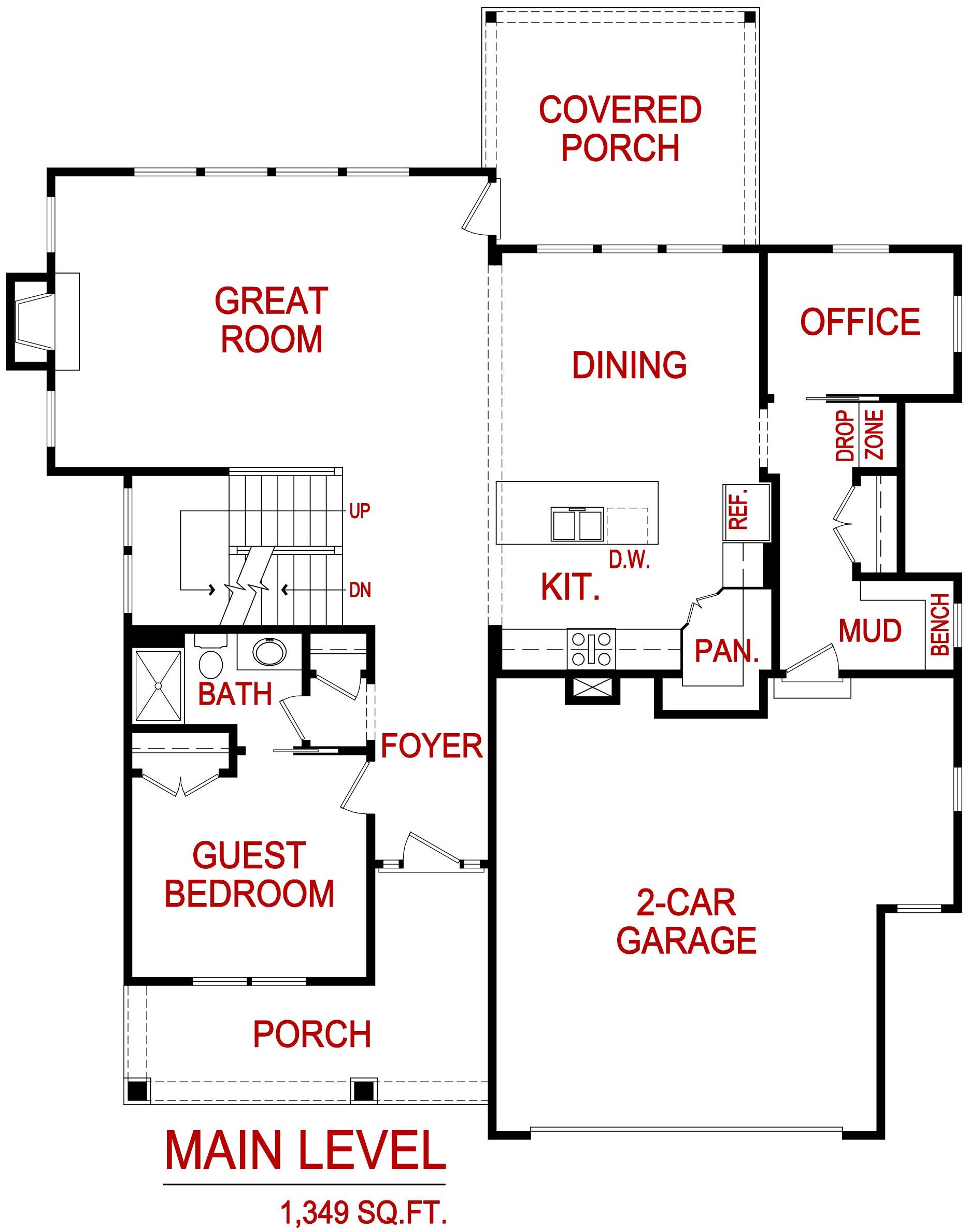 Main level floor plan for the Ashland Model from Lambie Homes