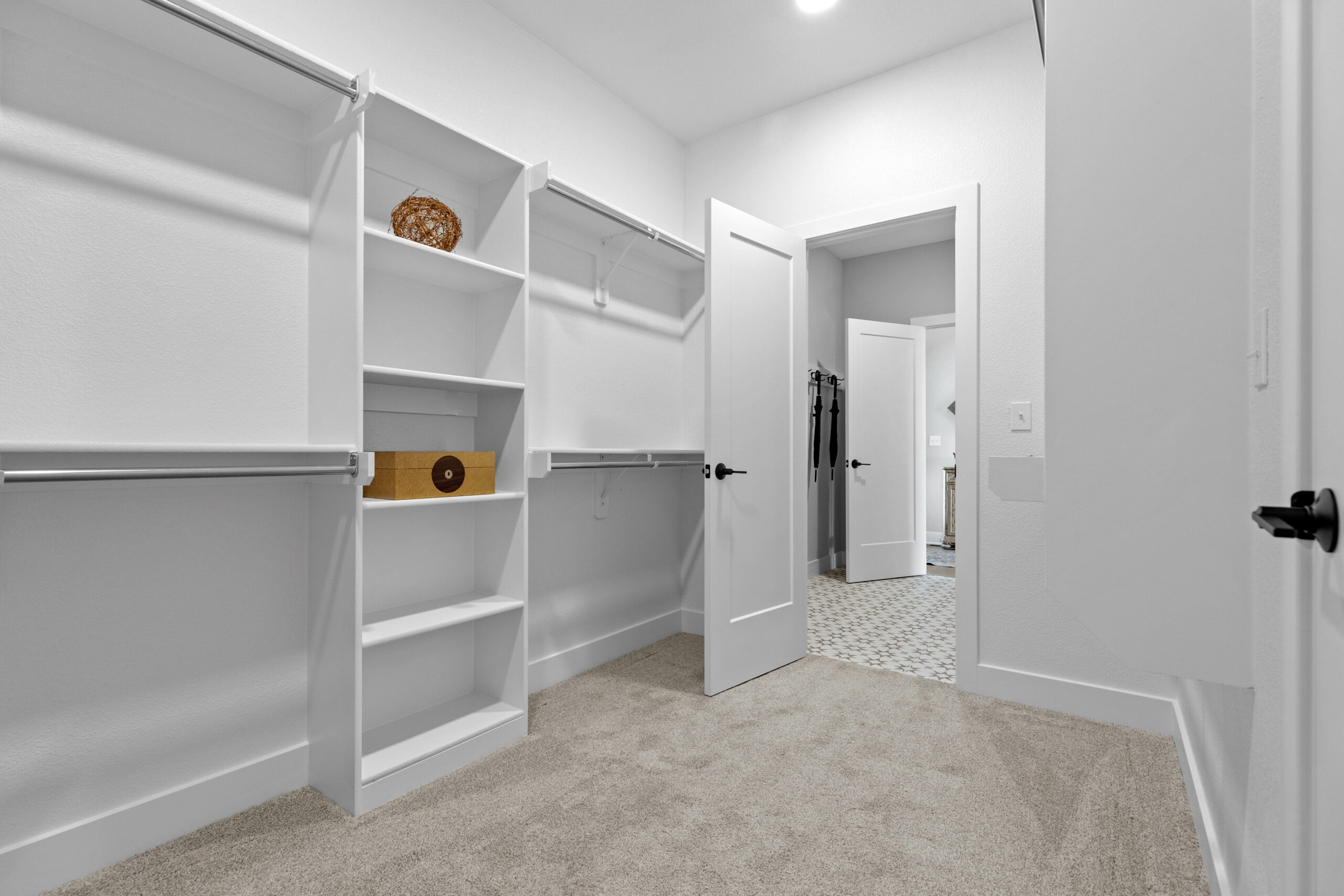 Walk in closet with shelves from lambie homes